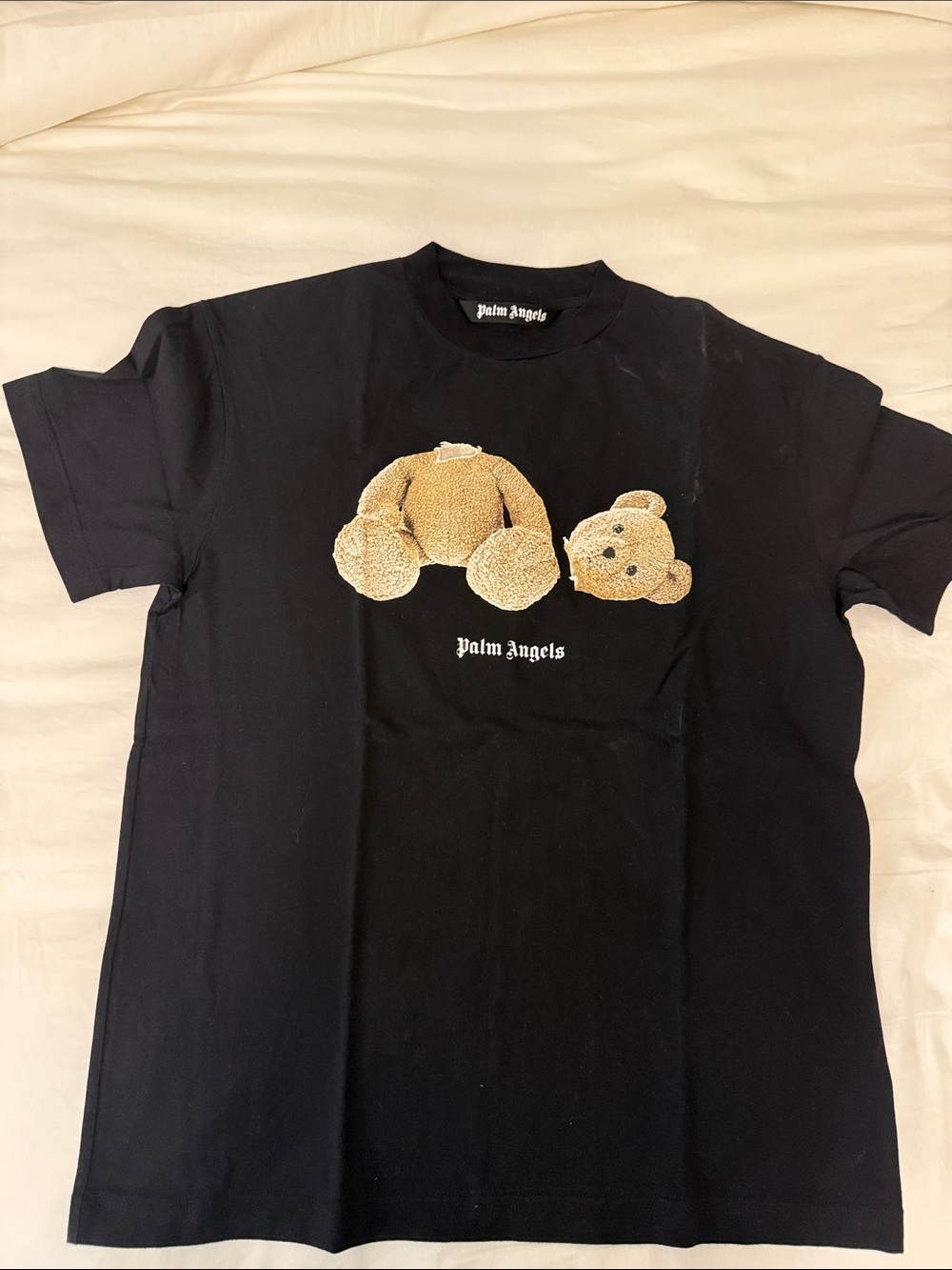 Palm Angels Black Tee with Tan Teddy Head Graphic